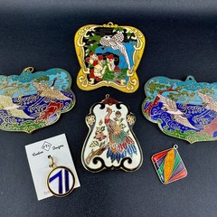 Vintage Cloisonne Enamel Pendant Lot LG Heavy Medallions Puffy Peacock WWII 71st
