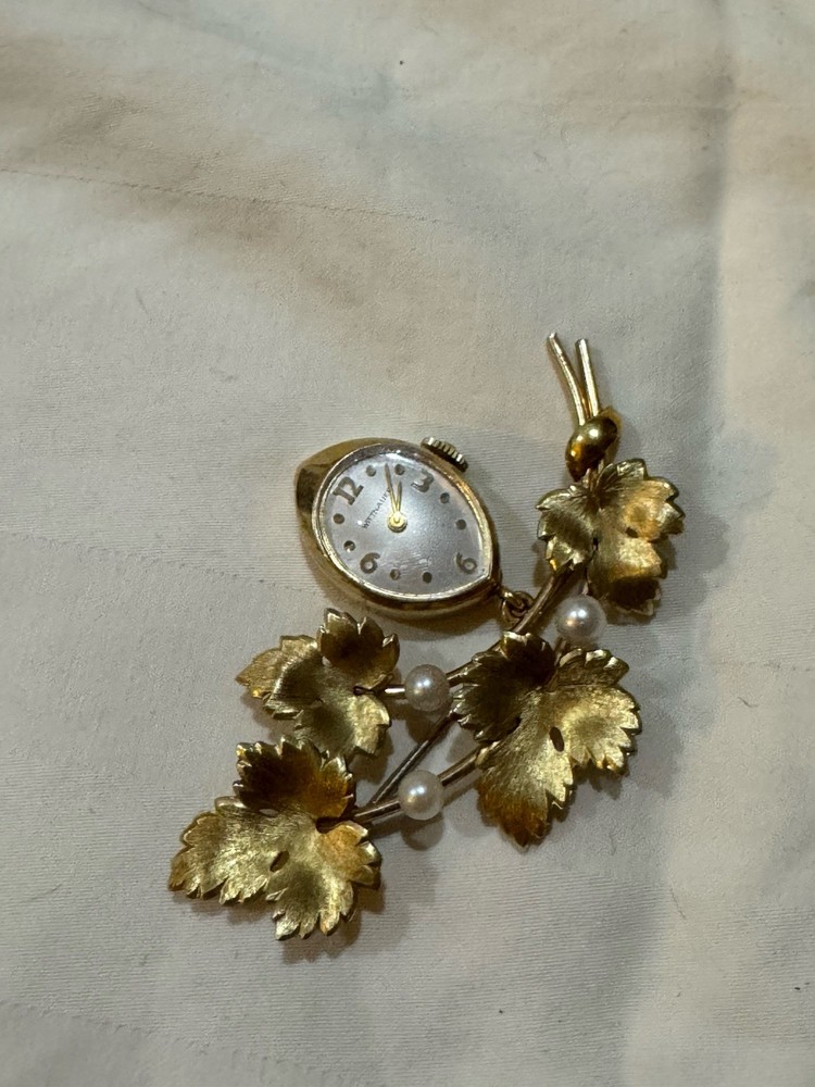 12k Gold Filled Seed Pearl Wittnauer Ladies Pin Brooch Watch 2.5in Wide