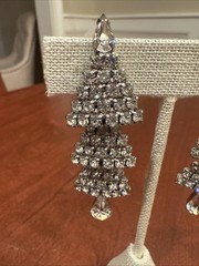 Vtg WEISS Couture Clear Rhinestone Chandelier Dangle Tear Drop Clip On Earrings