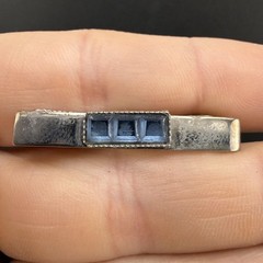 Vintage Cufflink Tiebar Clip Set Silver Tone Blue Rhinestone