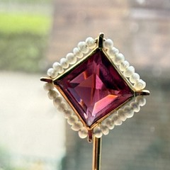 Antique Edwardian Marathon Co 10k Yellow Gold Stick Pin Ruby Glass Seed Pearl