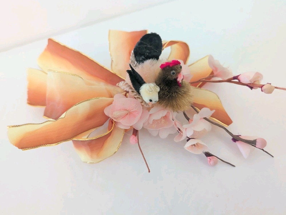 Vtg Easter Corsage Brooch Pin Chicken Hen & Chick Cherry Blossom Chenille Kitsch