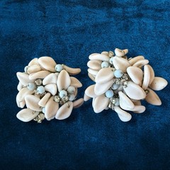 Large Clip On Earrings Lucite Cluster Cream Blue Rhinestone Statement 1950s