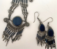 Vintage Peruvian Alpaca Metal Necklace & Pierced Earring Set Dangles Blue Stone