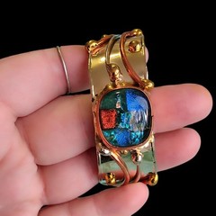 7.5in Copper Brass Modernist Brutalist Dichroic Glass Cuff Bracelet Industrial