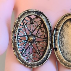 SALE Vintage Gothic Locket Pendant Red Glass Stone Spiderweb Filigree Starburst