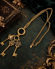 Vintage Joan Rivers GoldTone Etruscan 3 Skeleton Keys Charms Pendant Necklace