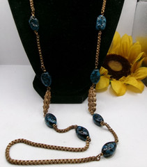 RARE SIGNED Miriam Haskell BLUE Glass BEADS Gold Tone Necklace~36 Inches Long