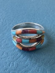 ANTIQUE 1920’s SIGNED FK ZUNI INDIAN .925 STERLING SILVER MULTI STONE INLAY RING