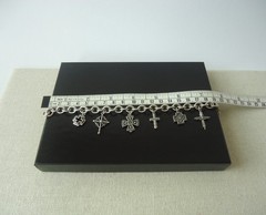 VTG Sterling Silver Religious Cross Double Sided Charm Oval Link Chain Bracelet