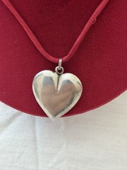Vintage Big Sterling Silver Large Puffy Heart Pendant Chunky on Silk Cord