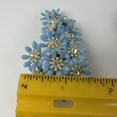MCM Plastic Earrings Climbers Half Moon Clip On Blue Floral Rhinestone 3” Vtg