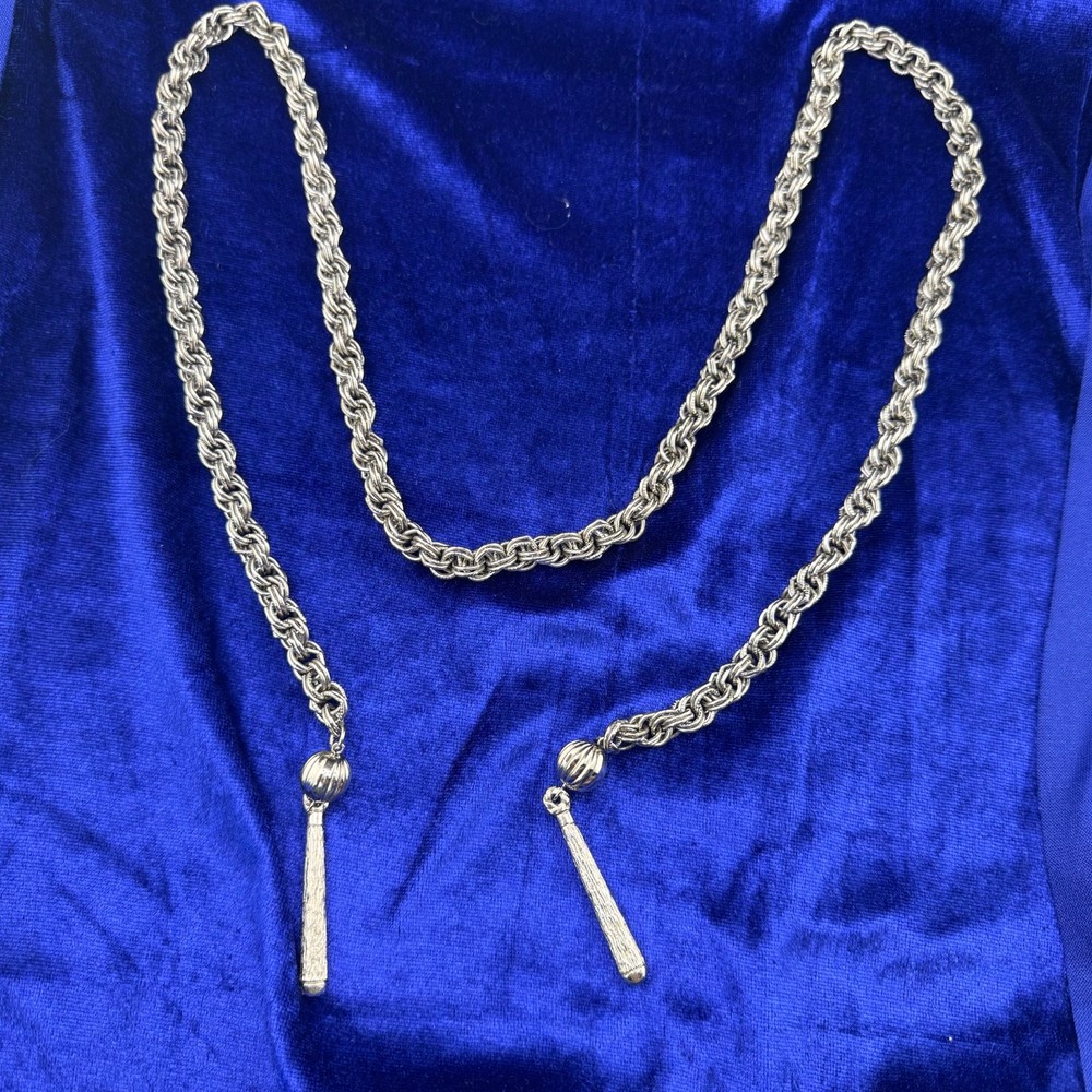 Vintage Lariat Necklace Silver Tone Tassel 40”
