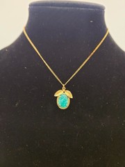 Vintage Signed AMCO 14K GF Gold Filled Leaf Blue Turquoise Stone Pendant Necklac