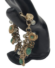 Vintage Gold Tone FOB Charm Bracelet Green Stones Shell Floral Ornate Design