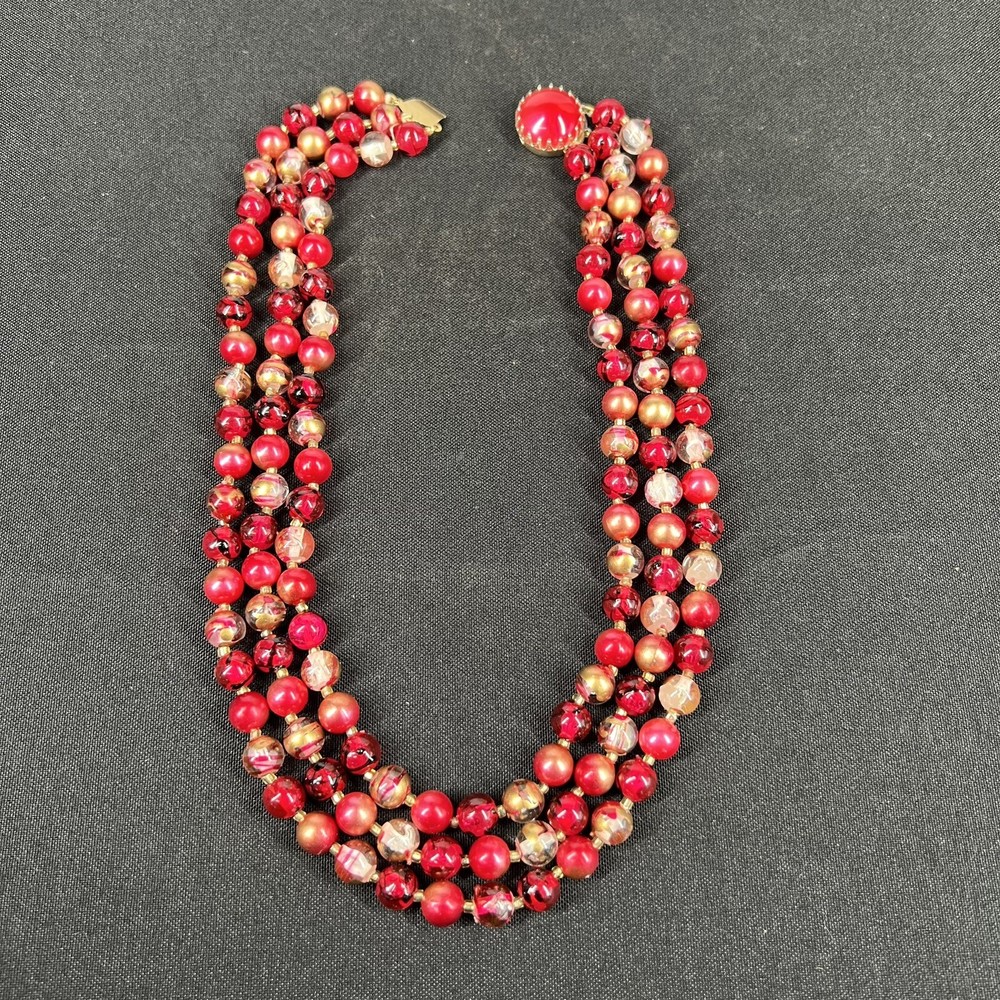 Vintage Red Pink Acrylic Triple Strand Beaded Necklace 20” Broken Clasp