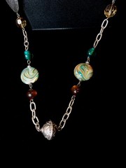Vintage Silver Tone Etched, Brown And Teal Swirl Coin Art Glass & Plastic Beads