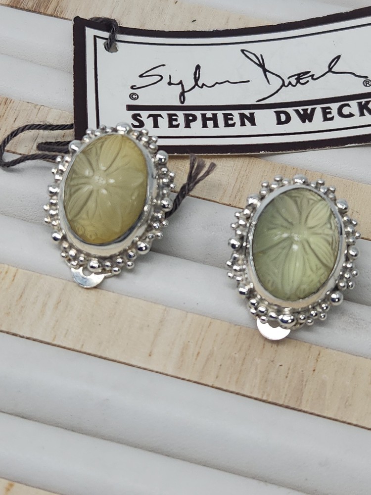 Vintage Stephen Dweck Sterling Silver Carved Prehnite Clip-On Earrings NOS Rare