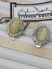 Vintage Stephen Dweck Sterling Silver Carved Prehnite Clip-On Earrings NOS Rare