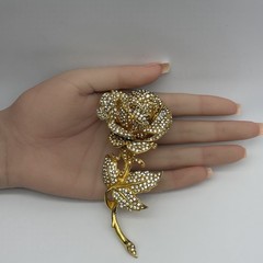 JOSE MARIA BARRERA Rose Huge Brooch Rhinestone Gold Tone Flower Vintage Pin 4.5″