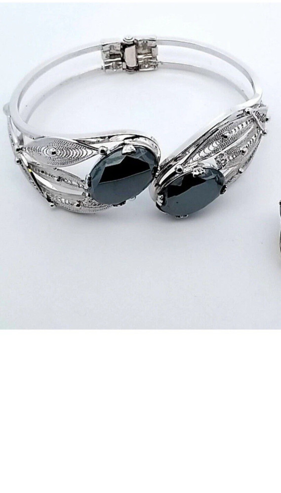 Sorrento Sterling Silver Hematite Filigree Hinged Bangle Bracelet VTG Fairy Core