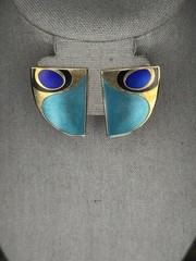 Vintage Earrings Signed Samuel Huang Pierced Blue And Gold Tone Peacock Blue