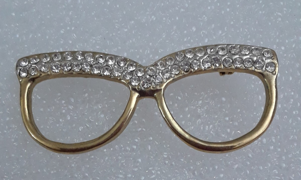 Gold Tone Eye Glasses Frame Brooch Rhinestones 2 inches