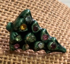Rare Vintage Ceramic Christmas Tree Screw Back Earrings, Original Rhinestones