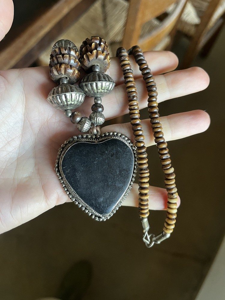 Unique Vintage Boho Folk Metal Heart Pendant With Wood And Metal Beaded Chain