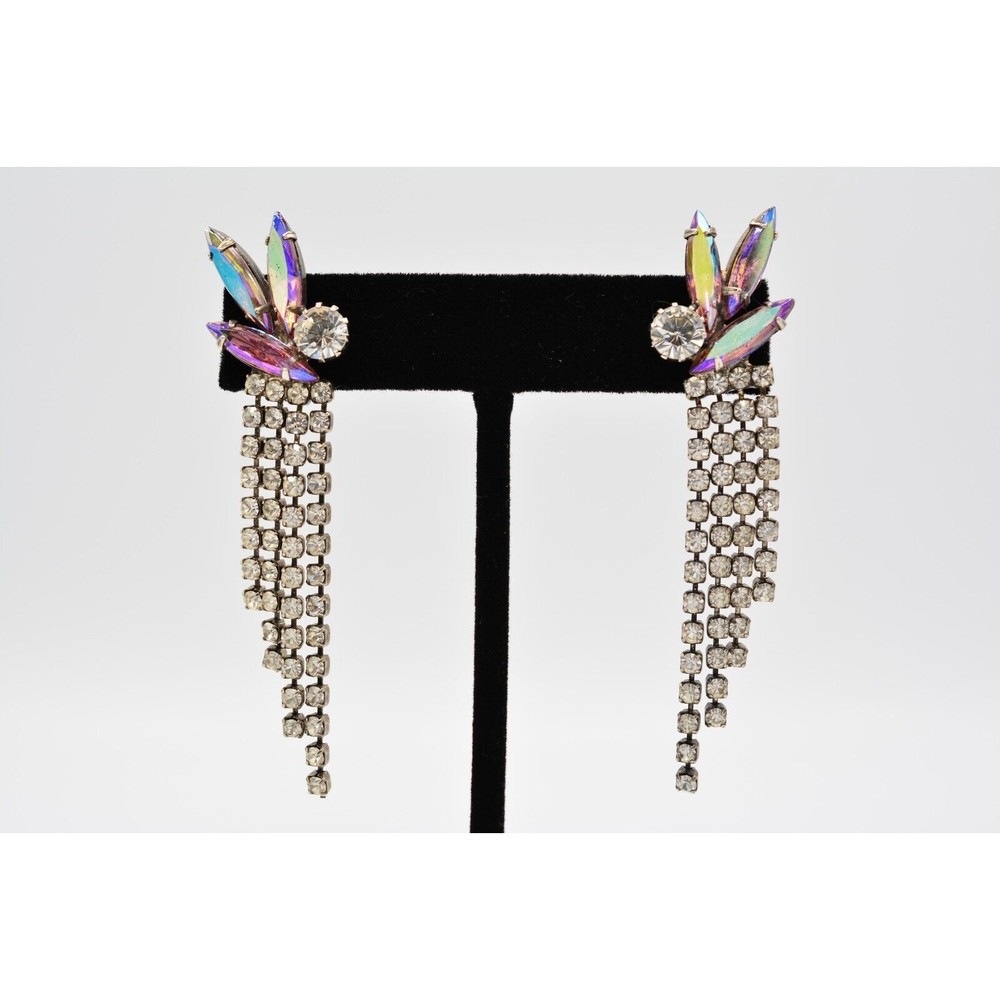 Vintage Dangle Fringe Earrings Aurora Borealis Rhinestone Crystal Marquise BinAG