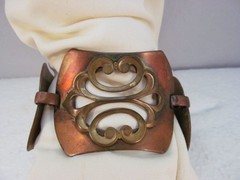 Vintage Wide Copper and Brass Art Nouveau Style Bracelet with Safety Chain