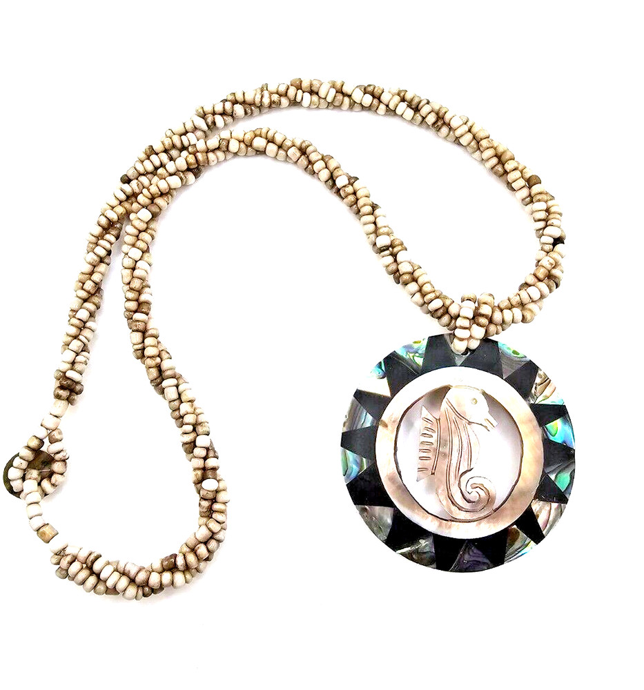 Inlaid carved Seahorse & Abalone Necklace on twisted strand beads