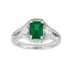 Simulated Green 0.80CT Emerald & 0.65CT Moissanites In 10K White Gold Ring FN