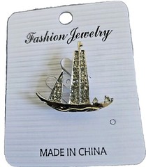 Vtg Silvery Color Alloy Metal Sail Boat Brooch Clear Round Crystals Pin Nautical