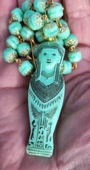 VINTAGE EGYPTIAN MUMMY SARCOPHAGUS PENDANT URANIUM GLASS BEAD NECKLACE SET OOAK