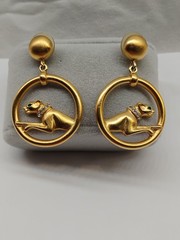 Vintage 80s Jackie Collins Gold Tone Green Eyes Panther Drop Pierced Earrings