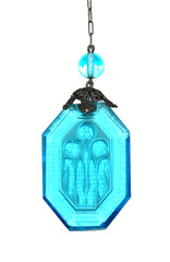 Art Deco Czech Pendant Necklace Floral Intaglio Carved Etched Blue Camphor Glass