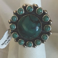 Dark Green Turquoise Bezel Set Cluster Setting Size 7.5 Ring 1.25” wide Sterling