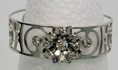 Vintage Silver Tone Clear Crystal Charm Open Work Cuff Bracelet 6.25 In Sizable