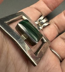 Vintage TR-110 Mexico Sterling Silver Malachite Pendant Modernist Taxco Style