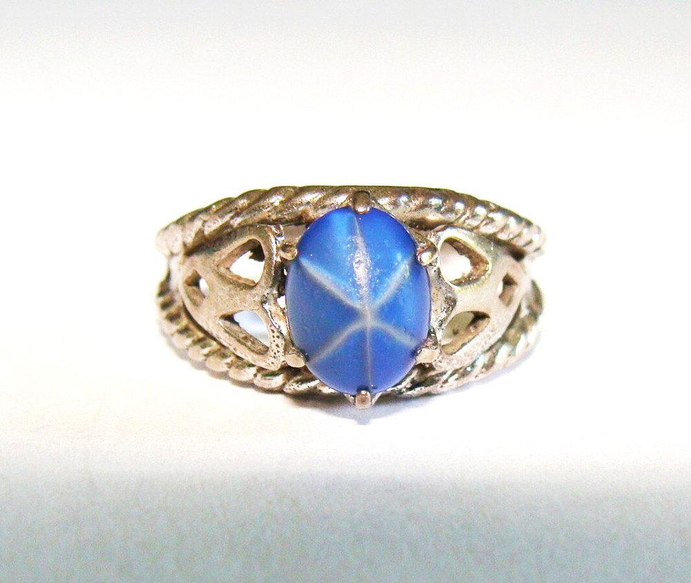 Vintage Sterling Silver 3.5g Simulated Star Sapphire Glass Heart Ring 6 – 6.25