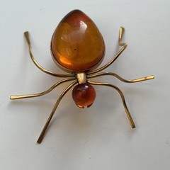 Vintage 70s Russian USSR Baltic Amber Ant Insect Bug Spider Gold Plate