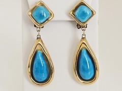 Vintage Artisan Gold Plated with Blue Ceramic Pottery Teardrop Clip On Earrings