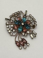 Quill 12K GF Gold-Filled Pink & Blue Floral Rhinestone Brooch Pin Vintage 1950s