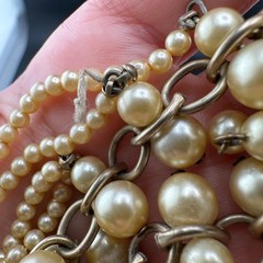 Vintage Faux Pearl Fringe Chain Necklace Gold Tone Beaded Dangle Charm Old Clasp