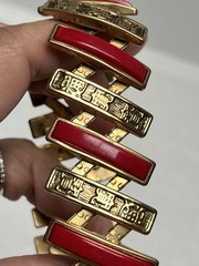 Vintage Gold Tone Red Acrylic Expansion Bracelet Has Symbols Made In Hong Kong