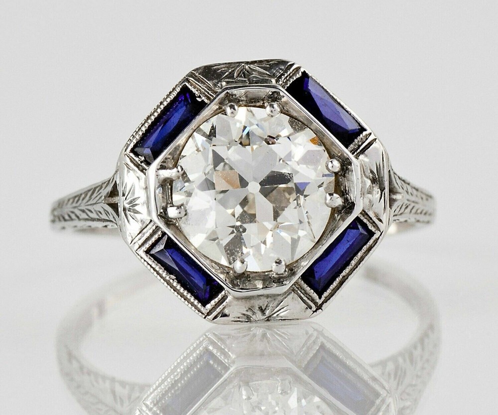 14K White Gold Over Lab Created Diamond 2CT Art Deco Sapphire Halo Vintage Ring