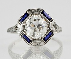 14K White Gold Over Lab Created Diamond 2CT Art Deco Sapphire Halo Vintage Ring