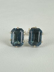 Vintage 14k Gold Emerald Cut London Blue Topaz Stud Earrings