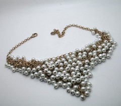 Vintage RJ Graziano statement bib necklace Goldtone chainmail and faux pearls